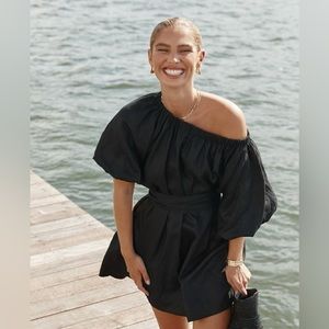 One shoulder black linen tie mini dress